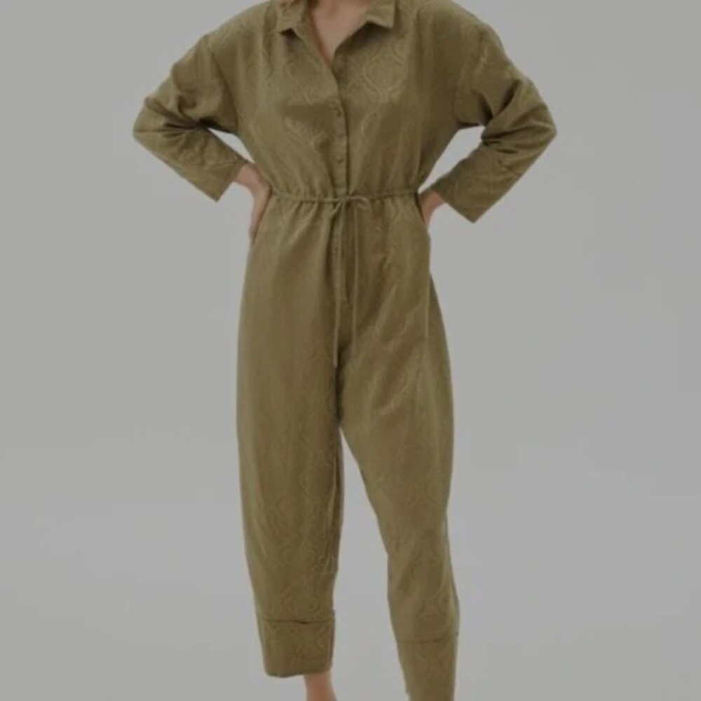 Urban Outfitters Jacquard Jumpsuit Olive Green Satin with Pockets Size M - Picture 9 of 9
